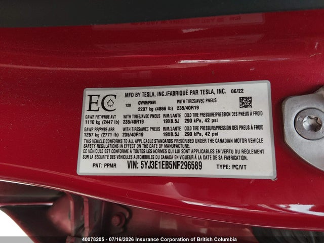 Tesla MODEL 3 2022 5YJ3E1EB5NF296589 Image 9
