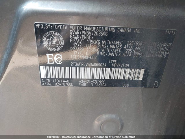 40078880 :رقم المزاد ، 2T3WFREV5DW069074 vin ، 2013 Toyota Rav4 Xle مزاد بيع