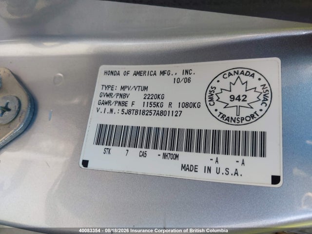 Aukcja sprzedaży 2007 Acura Rdx, vin: 5J8TB18257A801127, numer aukcji: 40083354