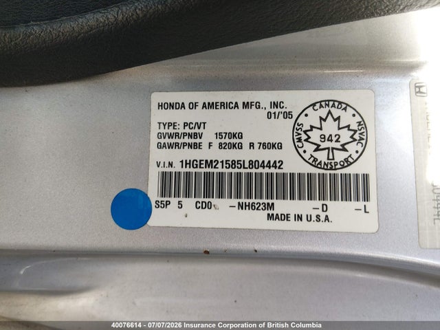 Продаж на аукціоні авто 2005 Honda Civic Lx, vin: 1HGEM21585L804442, номер лоту: 40076614