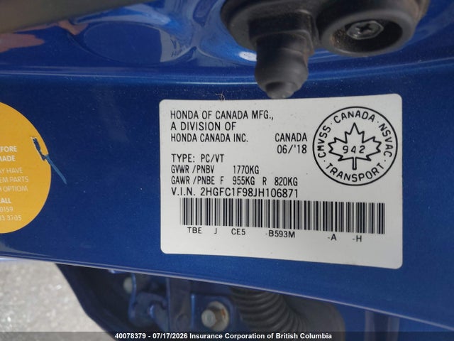 Honda Civic Touring 2018 2HGFC1F98JH106871 Image 9