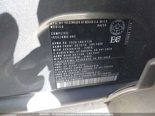 40080381 :رقم المزاد ، 3VVMR7RM7SM008958 vin ، 2025 Volkswagen Tiguan Se مزاد بيع