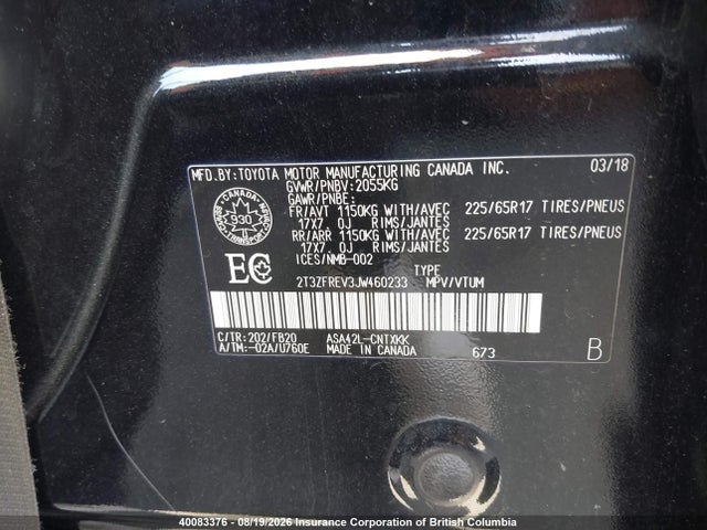 40083376 :رقم المزاد ، 2T3ZFREV3JW460233 vin ، 2018 Toyota Rav4 مزاد بيع