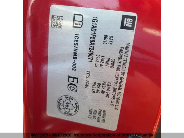 2010 Chevrolet Cobalt 1lt მანქანა იყიდება აუქციონზე, vin: 1G1AD1F50A7240071, აუქციონის ნომერი: 40083379