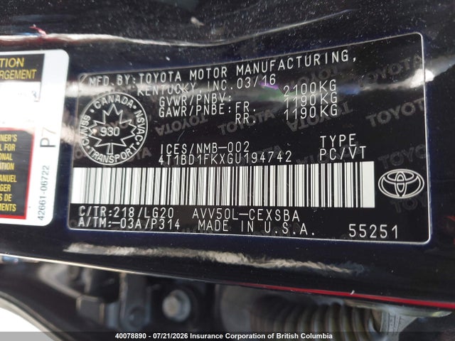 4T1BD1FKXGU194742 Toyota Camry Hybrid/le/xle/se