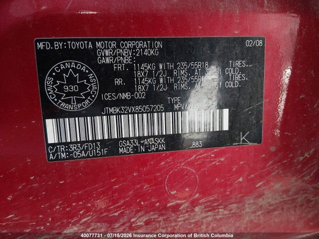 40077731 :رقم المزاد ، JTMBK32VX85057205 vin ، 2008 Toyota Rav4 Sport مزاد بيع