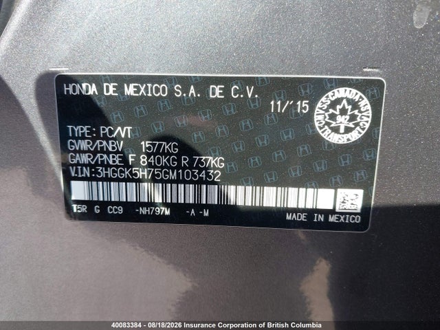 Aukcja sprzedaży 2016 Honda Fit, vin: 3HGGK5H75GM103432, numer aukcji: 40083384