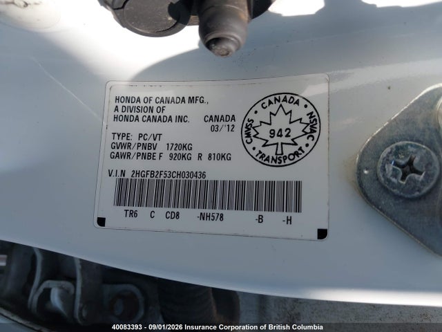 Aukcja sprzedaży 2012 Honda Civic, vin: 2HGFB2F53CH030436, numer aukcji: 40083393