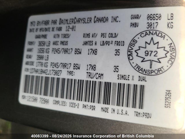 Продаж на аукціоні авто 2002 Dodge Ram 1500, vin: 1D7HA18N42J173027, номер лоту: 40083399