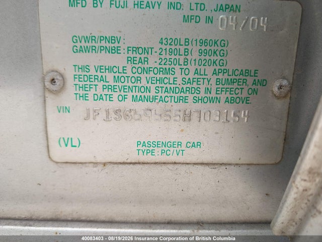 Aukcja sprzedaży 2005 Subaru Forester 2.5xt, vin: JF1SG69655H703154, numer aukcji: 40083403