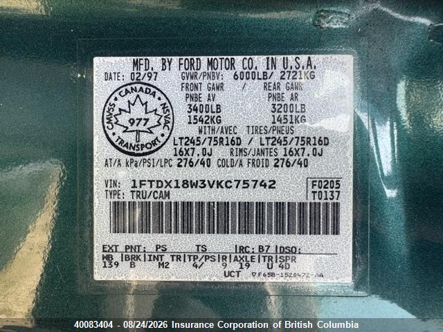 Продажа на аукционе авто 1997 Ford F150, vin: 1FTDX18W3VKC75742, номер лота: 40083404