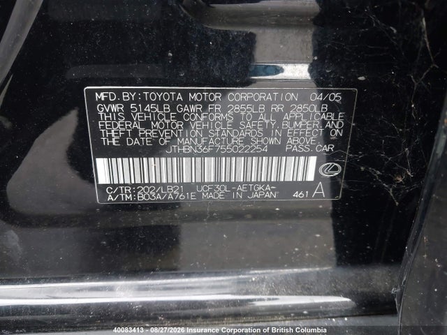 40083413 :رقم المزاد ، JTHBN36F755022254 vin ، 2005 Lexus Ls 430 مزاد بيع