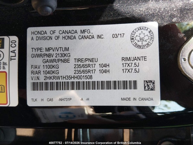 40077752 :رقم المزاد ، 2HKRW1H35HH001508 vin ، 2017 Honda Cr-v Lx مزاد بيع