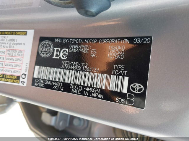 40083427 :رقم المزاد ، JTNKHMBX5L1084734 vin ، 2020 Toyota C-hr مزاد بيع