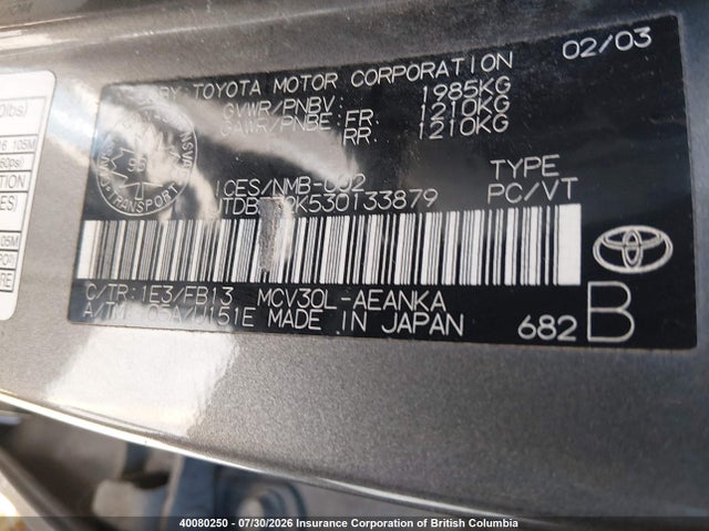 Продаж на аукціоні авто 2003 Toyota Camry Le/xle, vin: JTDBF32K530133879, номер лоту: 40080250