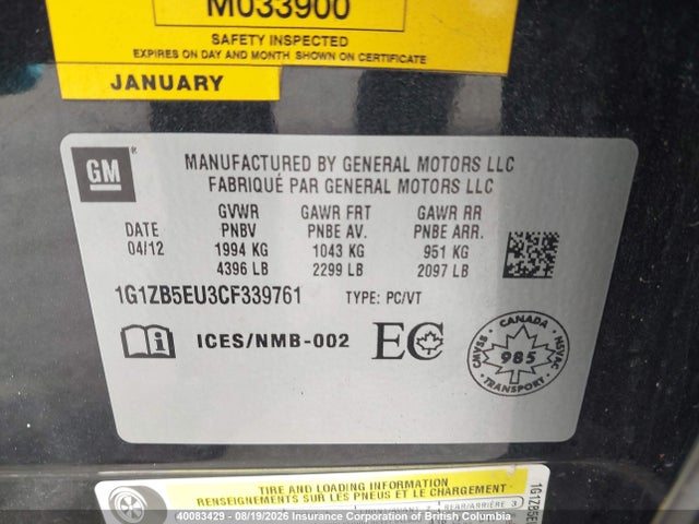 Aukcja sprzedaży 2012 Chevrolet Malibu Ls, vin: 1G1ZB5EU3CF339761, numer aukcji: 40083429
