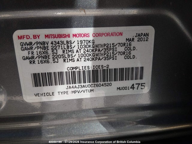 Aukcja sprzedaży 2012 Mitsubishi Rvr Se, vin: JA4AJ3AU0CZ604520, numer aukcji: 40080199