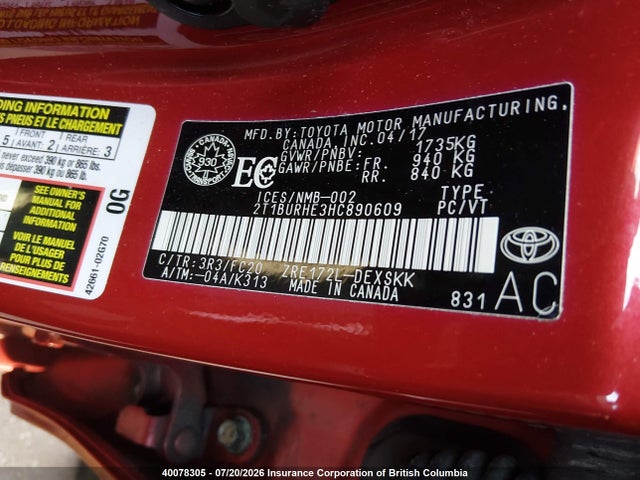 40078305 :رقم المزاد ، 2T1BURHE3HC890609 vin ، 2017 Toyota Corolla L/le/xle/se/xse مزاد بيع