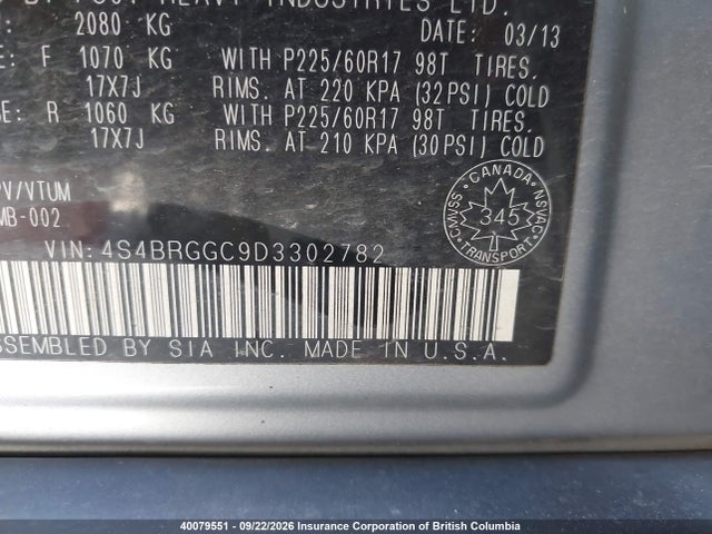 Продажа на аукционе авто 2013 Subaru Outback 2.5i Premium, vin: 4S4BRGGC9D3302782, номер лота: 40079551
