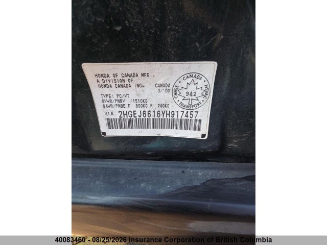 Aukcja sprzedaży 2000 Honda Civic, vin: 2HGEJ6616YH917457, numer aukcji: 40083460