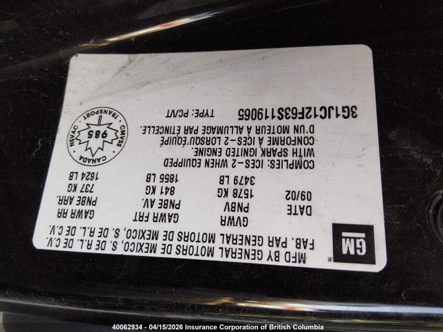Aukcja sprzedaży 2003 Chevrolet Cavalier, vin: 3G1JC12F63S119065, numer aukcji: 40062934