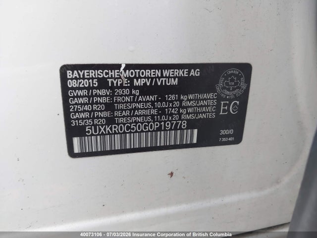 40073106 :رقم المزاد ، 5UXKR0C50G0P19778 vin ، 2016 Bmw X5 Xdrive35i مزاد بيع