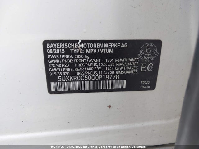 40073106 :رقم المزاد ، 5UXKR0C50G0P19778 vin ، 2016 Bmw X5 Xdrive35i مزاد بيع