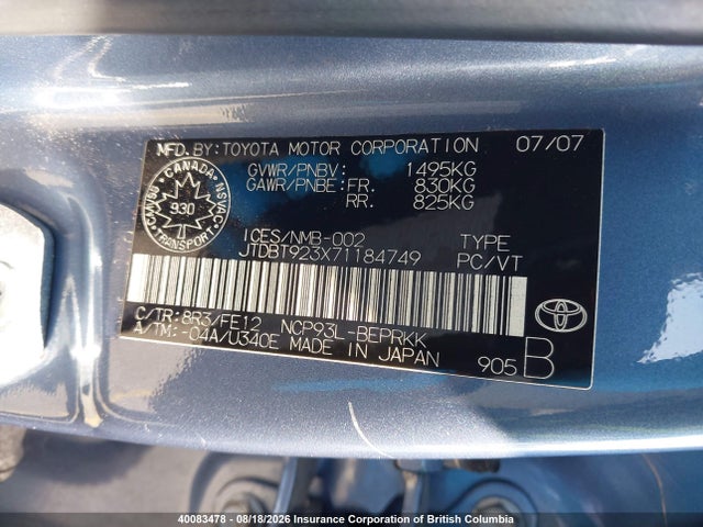 Продаж на аукціоні авто 2007 Toyota Yaris, vin: JTDBT923X71184749, номер лоту: 40083478