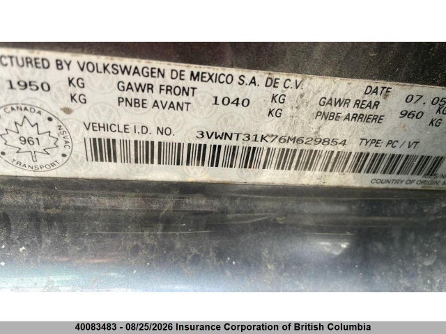 2006 Volkswagen Jetta მანქანა იყიდება აუქციონზე, vin: 3VWNT31K76M629854, აუქციონის ნომერი: 40083483
