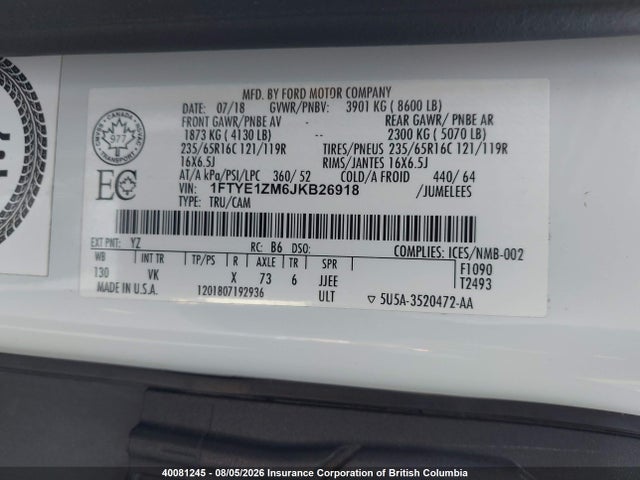 40081245 :رقم المزاد ، 1FTYE1ZM6JKB26918 vin ، 2018 Ford Transit T-150 مزاد بيع