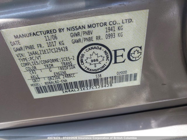 Продажа на аукционе авто 2007 Nissan Altima 2.5/2.5s, vin: 1N4AL21E17C129428, номер лота: 40079370