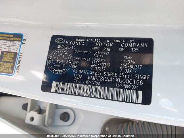 2019 Hyundai Tucson Limited/sel/sport/ultimate/value/night მანქანა იყიდება აუქციონზე, vin: KM8J3CA42KU000166, აუქციონის ნომერი: 40083488