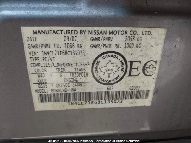 Продажа на аукционе авто 2008 Nissan Altima Hybrid, vin: 1N4CL21E68C135073, номер лота: 40081313