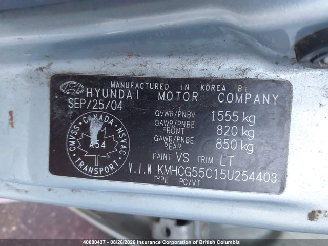 40080437 :رقم المزاد ، KMHCG55C15U254403 vin ، 2005 Hyundai Accent Gt مزاد بيع