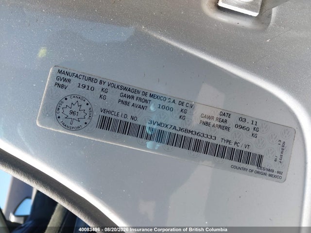 Продажа на аукционе авто 2011 Volkswagen Jetta, vin: 3VWDX7AJ6BM363333, номер лота: 40083496