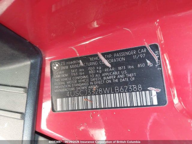 Продажа на аукционе авто 1998 Bmw Z3 2.8, vin: 4USCJ3328WLB62388, номер лота: 40083497