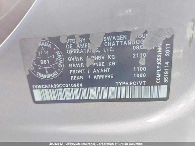 40083512 :رقم المزاد ، 1VWCN7A30CC010964 vin ، 2012 Volkswagen Passat Sel مزاد بيع