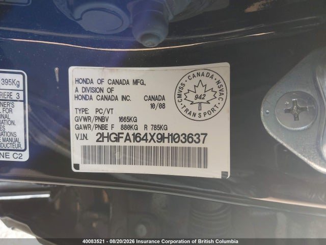 2009 Honda Civic მანქანა იყიდება აუქციონზე, vin: 2HGFA164X9H103637, აუქციონის ნომერი: 40083521