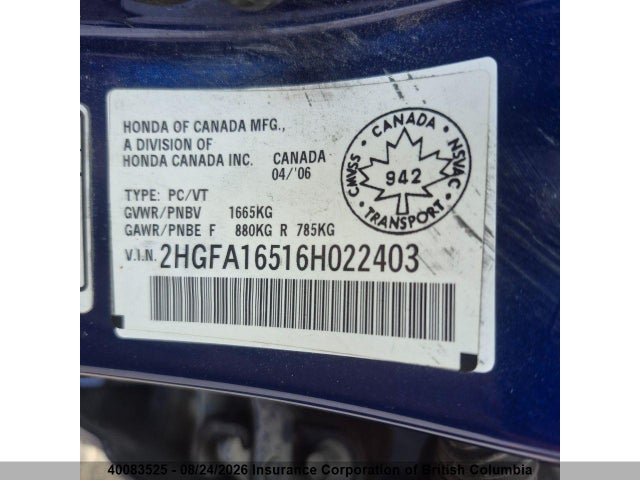 2006 Honda Civic მანქანა იყიდება აუქციონზე, vin: 2HGFA16516H022403, აუქციონის ნომერი: 40083525
