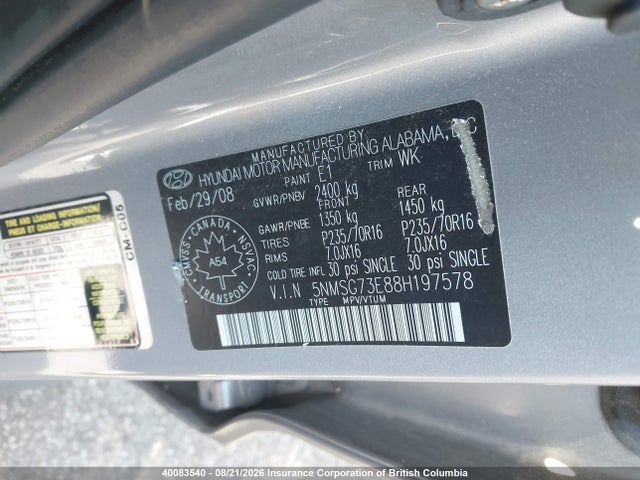 40083540 :رقم المزاد ، 5NMSG73E88H197578 vin ، 2008 Hyundai Santa Fe Gl/gls مزاد بيع