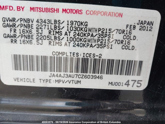 Aukcja sprzedaży 2012 Mitsubishi Rvr, vin: JA4AJ3AU7CZ603946, numer aukcji: 40083576