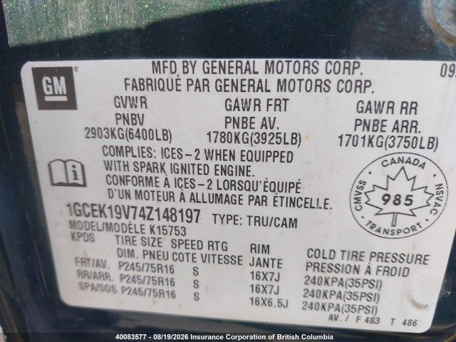 40083577 :رقم المزاد ، 1GCEK19V74Z148197 vin ، 2004 Chevrolet Silverado K1500 مزاد بيع