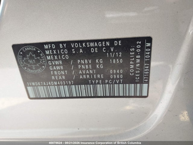 Aukcja sprzedaży 2013 Volkswagen Jetta 2.0l Comfortline, vin: 3VWDK7AJ4DM403197, numer aukcji: 40078624