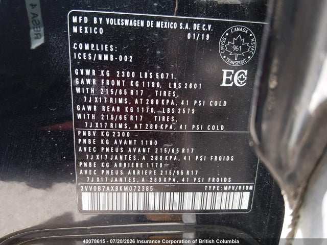 3VV0B7AX8KM072385 Volkswagen TIGUAN S