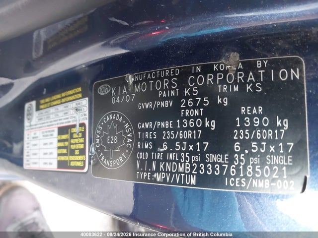 40083622 :رقم المزاد ، KNDMB233376185021 vin ، 2007 Kia Sedona Ex/lx مزاد بيع