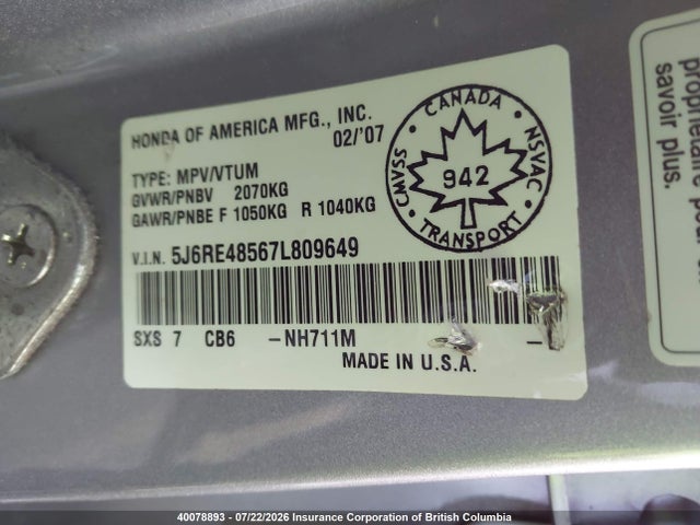 Продаж на аукціоні авто 2007 Honda Cr-v Ex, vin: 5J6RE48567L809649, номер лоту: 40078893