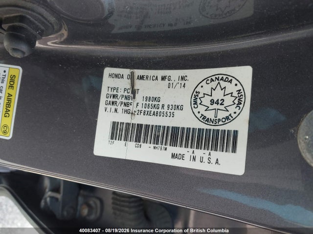 40083407 :رقم المزاد ، 1HGCR2F8XEA805535 vin ، 2014 Honda Accord Exl مزاد بيع