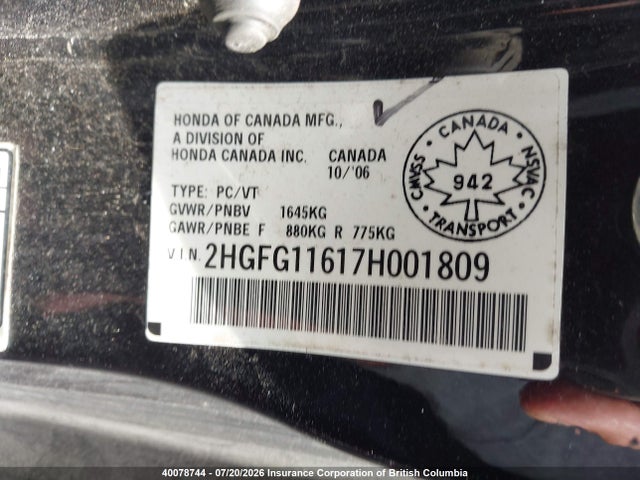 40078744 :رقم المزاد ، 2HGFG11617H001809 vin ، 2007 Honda Civic Lx مزاد بيع