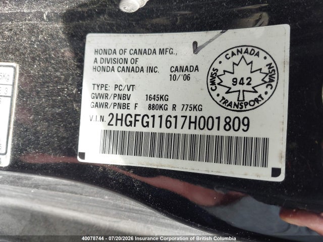 40078744 :رقم المزاد ، 2HGFG11617H001809 vin ، 2007 Honda Civic Lx مزاد بيع