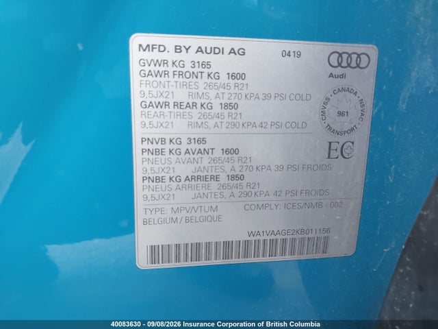 40083630 :رقم المزاد ، WA1VAAGE2KB011156 vin ، 2019 Audi E-tron Prestige مزاد بيع